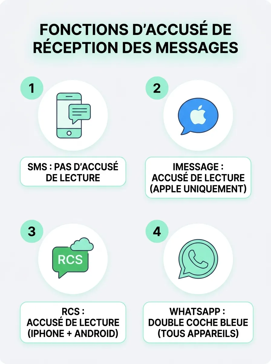 Infographie : comparatif des accusés de lecture SMS, iMessage, RCS et WhatsApp