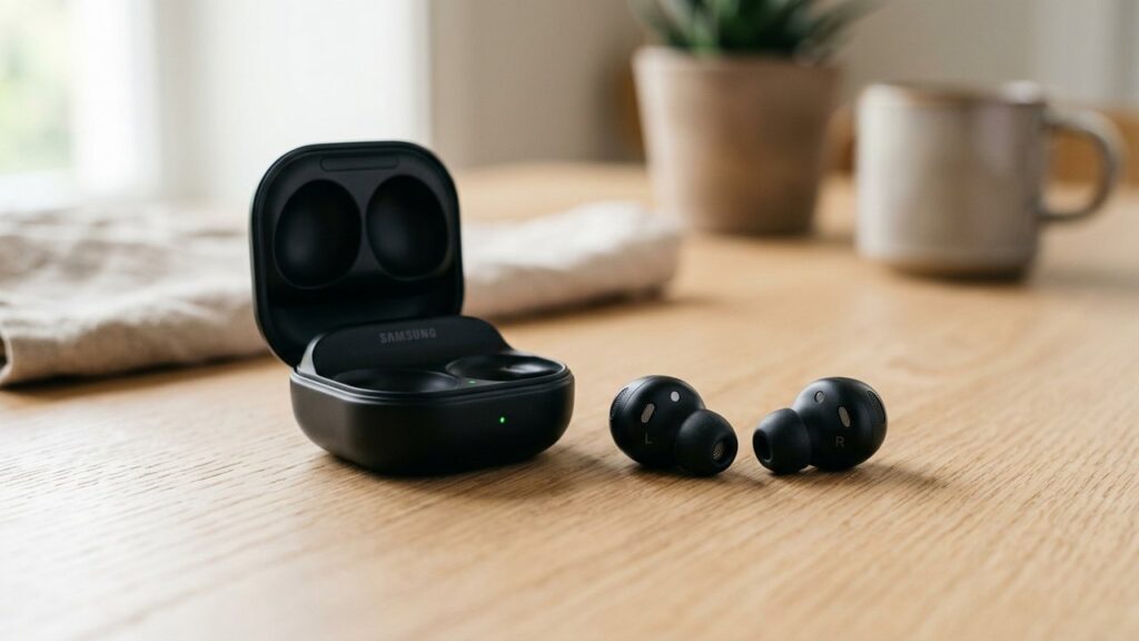 Galaxy Buds avec leur boîtier de charge pour l'appairage