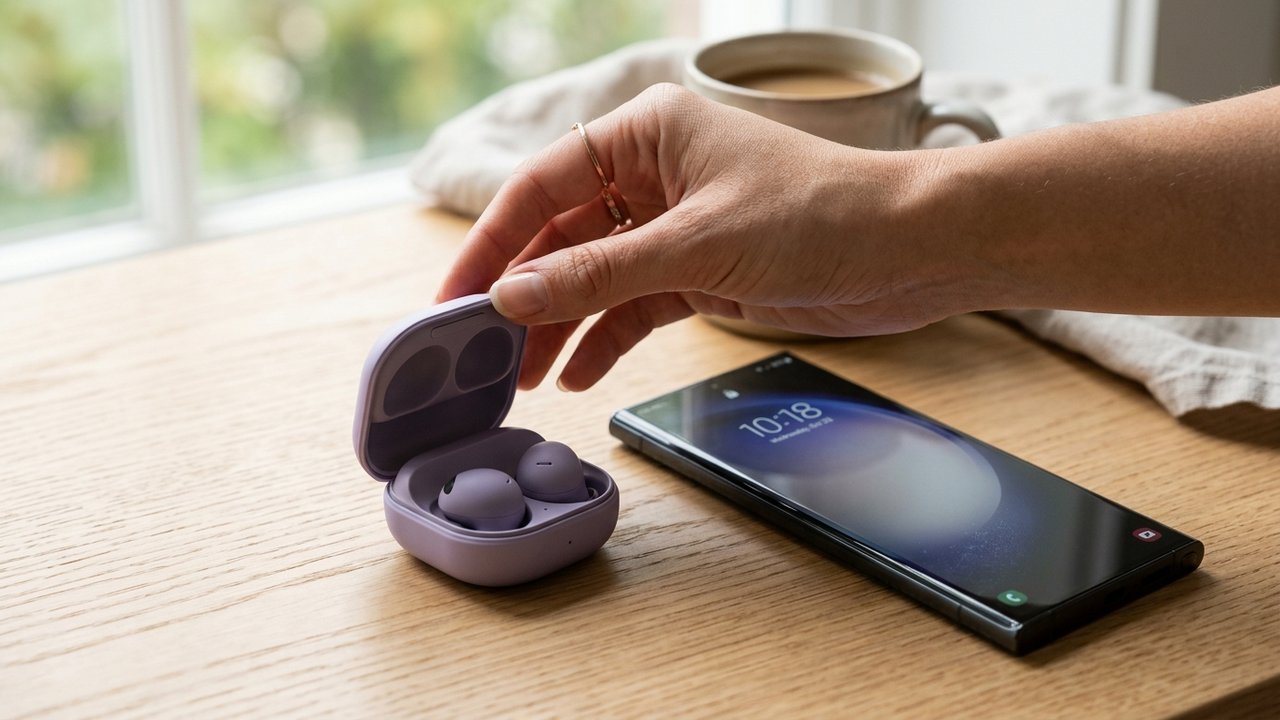 Ouverture du boîtier des Galaxy Buds près d'un téléphone Samsung