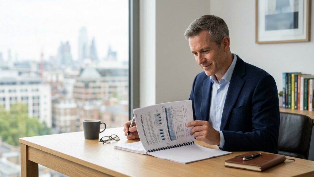 Entrepreneur analysant un dossier d'appel d'offre