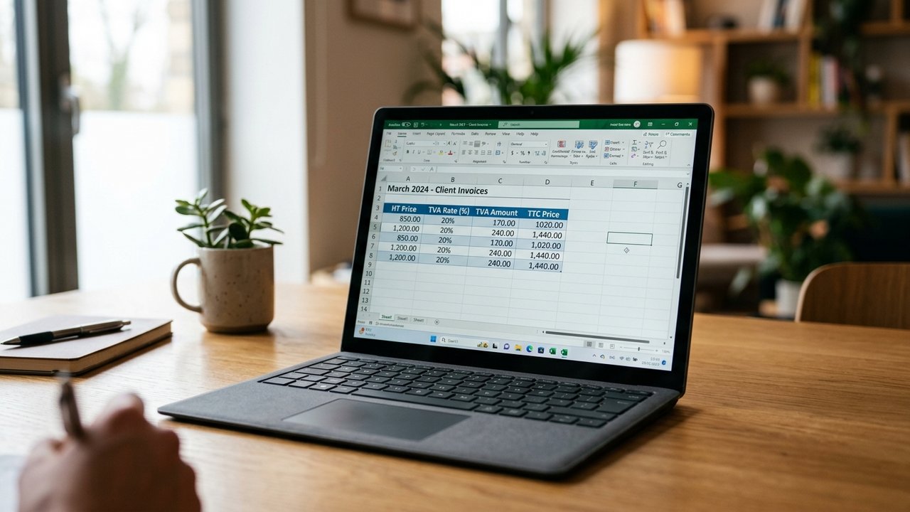 Tableau Excel avec colonnes Prix HT, Taux TVA, Montant TVA et Prix TTC